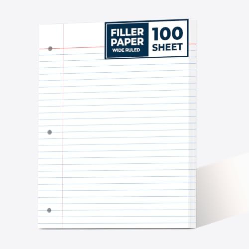 Loose Leaf Paper, 100 Sheets, Wide Ruled Filler Notebook Paper, 8" x 10.5", Bulk Notebook Papers,3 Hole Punched Loose Leaf Paper for 3 Ring Binders,Loose Leaf Office Paper, (White)