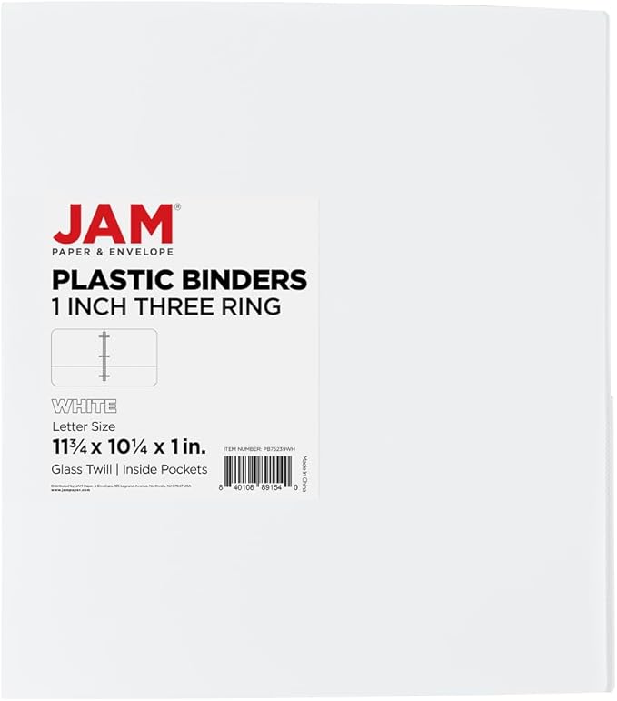 JAM PAPER Plastic 0.5 inch Binder - White 3 Ring Binder - Sold Individually