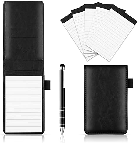 7 Pieces Small Notepads Holder Set, Pocket Notebook with pen, Included 5 Pieces Refills 3 x 5 Inch, 30 Lined Paper Per Note Pad (Black)
