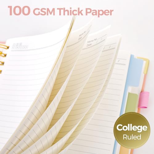SKYDUE 5 Subject Notebook with Dividers and Tabs, 8" x 10" College Ruled Notebook for Work, 300 Pages Spiral Journal for Women, Pink