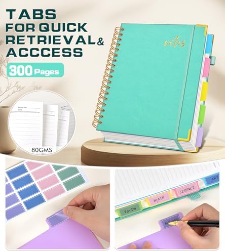 5 Subject Spiral Notebook Journal with Removable Dividers Tabs, 300 Pages Organizer Notebooks for Work School, 8"x10" Hardcover Leather Notebook College Ruled, Large Lined Journal for Women Men,Aqure