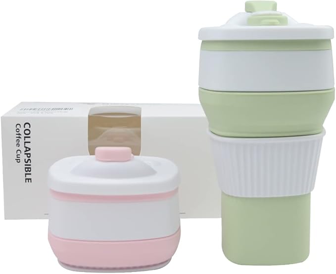 Collapsible Travel Coffee Cups Set of 2 - Silicone Foldable Mugs with Leakproof Lids, BPA Free, Microwave and Dishwasher Safe - 10oz (300ml) for Travel, Office, Camping