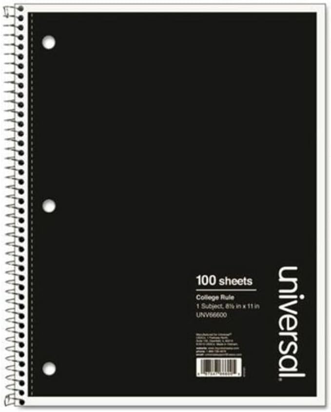 Universal 66600 1 Sub. Wirebound Notebook, 11 x 8 1/2, College Rule, 100 Sheets, Black Cover