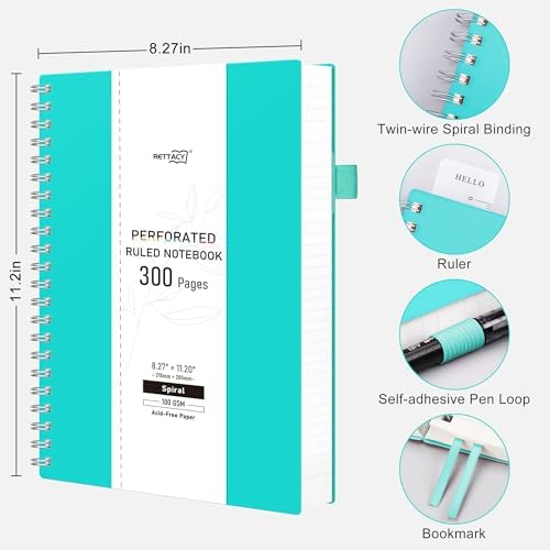RETTACY Spiral College Ruled Notebook, 300 Perforated Pages (8.2" x 11.2")
