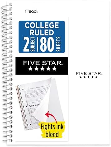 Five Star Spiral Notebook, 2 Subject, College Ruled Paper, 6" x 9-1/2", 80 Sheets, Fights Ink Bleed, Water Resistant Cover, White (840029E)