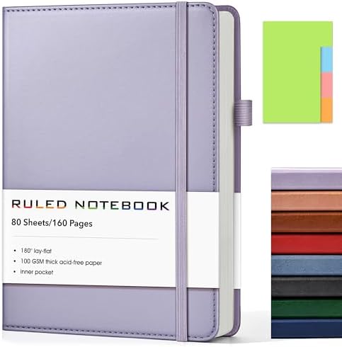 Lined Journal Notebook, A5 Hardcover Leather Journals for Writing, 160 Numbered Pages, 5.7'' x 8.3'' Journaling Notebooks for Men Women, Thick Paper College Ruled Journal for Work Office School, Purple