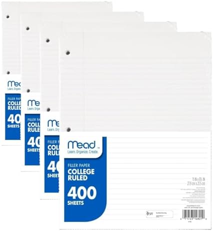 Mead Loose Leaf Paper, College Ruled Filler Notebook Paper, 8-1/2" x 11", 400 Sheets, Fits 3-Ring Binder (170046-ECM) (Pack of 4)
