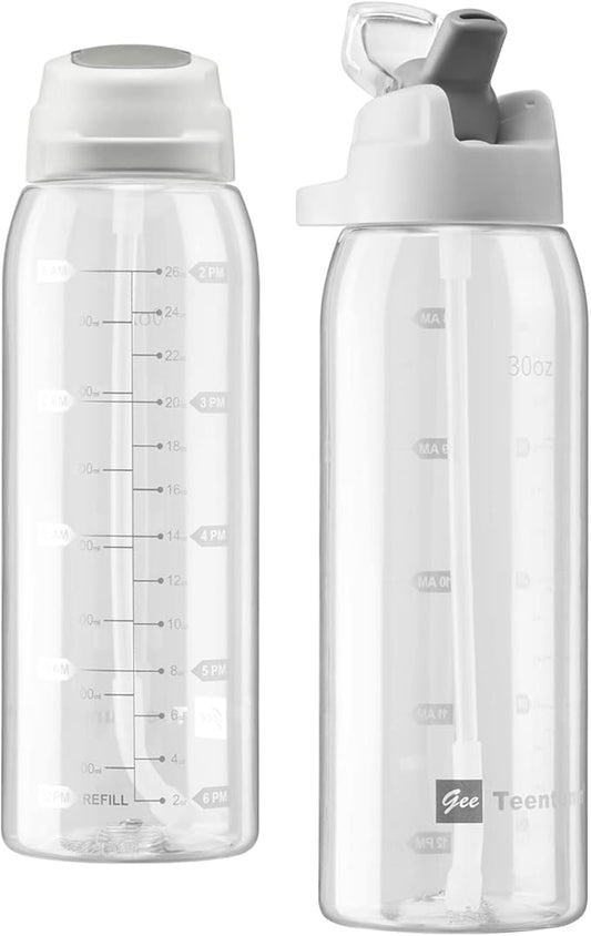 Clear Water Bottle with Straw BPA Free Tritan with Time Markers, 30oz Durable Bottle Perfect for Office, School, Gym and Workout (Pack of 1)