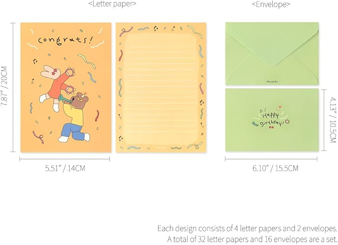 Monolike Happy and Lucky Birthday Letter Paper and Envelopes Set - 8Type, 32 Letter Paper + 16 Envelopes