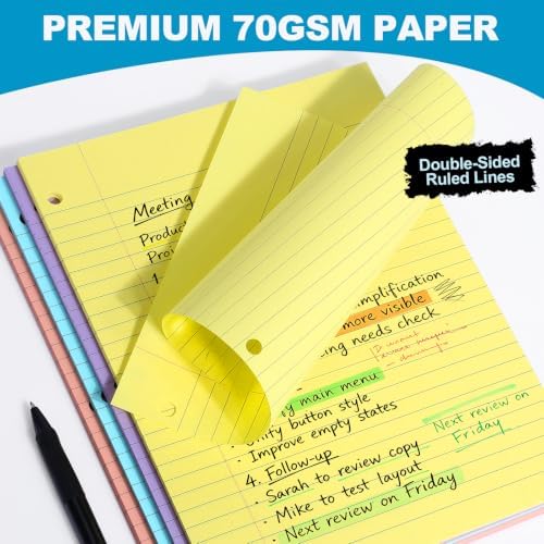 TUXIYA 1000 Sheets 10 Colored Loose Leaf Paper 8x10.5 College Ruled 3 Hole