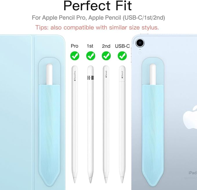 MoKo Pencil Holder Sticker Fit Apple Pencil Pro, Apple Pencil (USB-C), Apple Pencil 1st/2nd Generation, Elastic Pencil Pocket Pouch Adhesive Sleeve Attached to iPad Case for Stylus Pens,Sky Blue