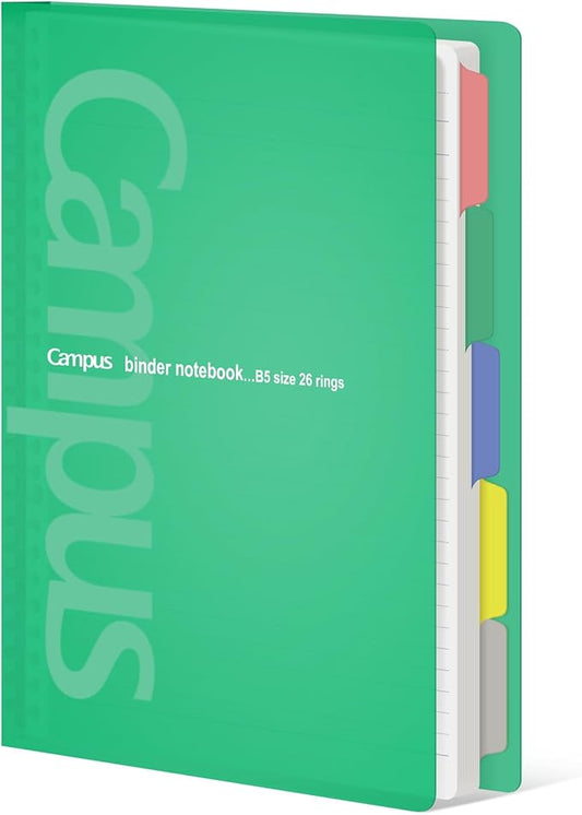 KOKUYO 5 Subject Spiral Notebook, Campus B5 Refillable Journal with 5 Tab Dividers, 100 Sheets in 5mm Ruled Loose Leaf Paper, Green (RU-P333NG & NO-836C)