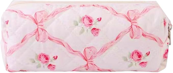 Carry bloom Pencil Pouch Cute Pencil Case for Girls Aesthetic Pencil Bag with Zipper Pen Cases School Supplies Makeup Bag (bow rose pink)