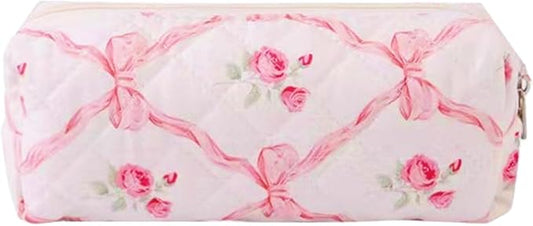 Carry bloom Pencil Pouch Cute Pencil Case for Girls Aesthetic Pencil Bag with Zipper Pen Cases School Supplies Makeup Bag (bow rose pink)