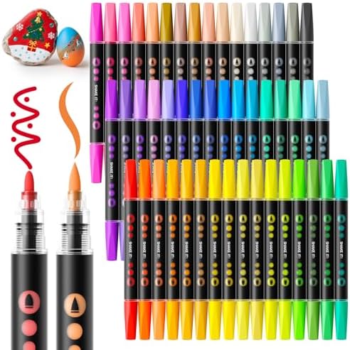 SUNEE 48 Colors Acrylic Paint Markers, Dual Tip Bullet & Brush Paint Pens with Automatic Ink Control System, Art Supplies for Adults & Teens, for Rock, Wood, Canvas, Glass Creative Projects