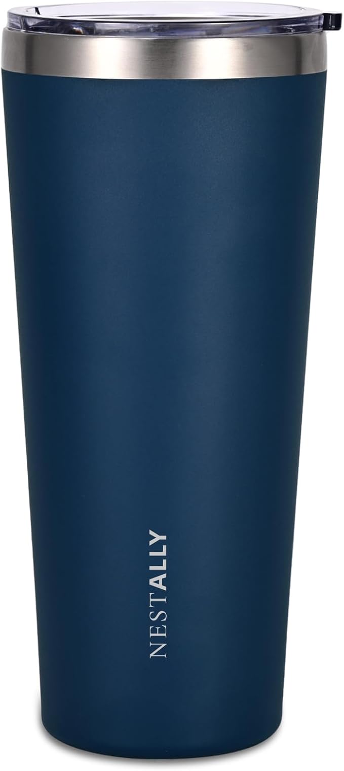 NESTALLY Coast 20oz Stainless Steel Tumbler, Extra Capacity Holds Up to 22oz, Double Wall Vacuum Insulated Travel Coffee Mug with Lid & Metal Straw, Leakproof Reusable Cup for Travel (Navy Blue)