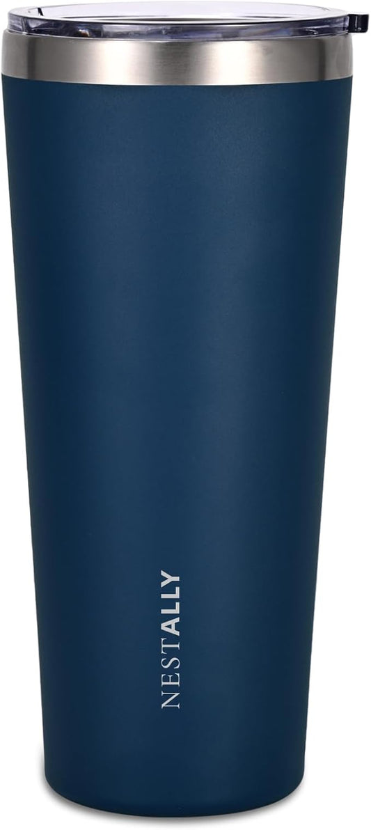 NESTALLY Coast 20oz Stainless Steel Tumbler, Extra Capacity Holds Up to 22oz, Double Wall Vacuum Insulated Travel Coffee Mug with Lid & Metal Straw, Leakproof Reusable Cup for Travel (Navy Blue)