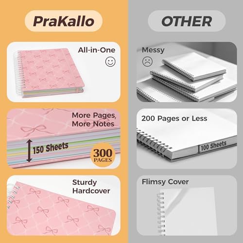 Hardcover Spiral Notebook Journal for Women & Men, Cute 5 Subject Notebook College Ruled for School & Work, Pink Journaling Notebooks with Removable Dividers Tabs, 8" x 10", 300 Pages, Bows