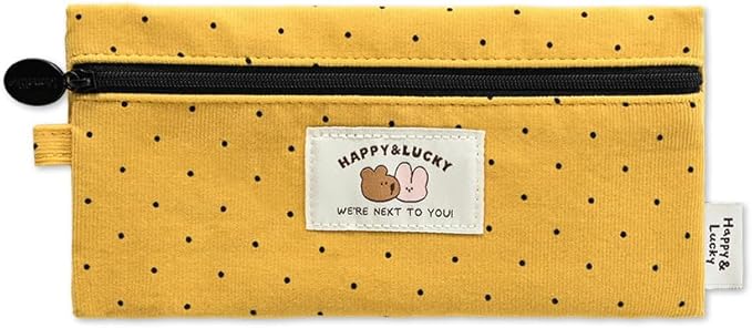 Monolike Happy and Lucky Candy Dot pen case, Yellow - Slim Corduroy Style Cotton Pen Pouch, Cute Aesthetic Pastel Stationery Organizer for Office