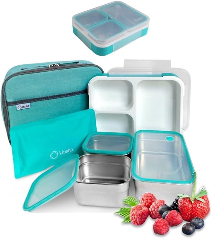 Stainless Steel Bento Lunch Box Set For Adults, Kids - Insulated Bag And Ice Pack - Leak Proof Metal Compartment Meal Prep Food & Snack Containers For Work Travel School Daycare, 42 oz Teal Blue