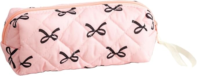 Cute Pencil Case, Bow Makeup Pouch Soft Cotton Storage Bag Travel Toiletry Organizer Zipper Pencil Case(Black Bow)