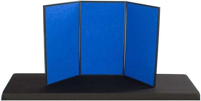 Displays2Go Trifold Tabletop Presentation Board, 54 x 30 Hook & Loop Fabric Display with Dry Erase Panels, Blue & White (3PV5430BLU)