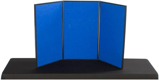 Displays2Go Trifold Tabletop Presentation Board, 54 x 30 Hook & Loop Fabric Display with Dry Erase Panels, Blue & White (3PV5430BLU)