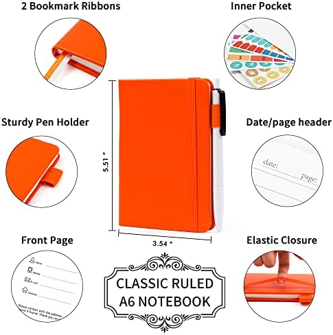 feela 3 Pack Pocket Notebook Journals with 3 Black Pens, A6 Mini Cute Small Journal Notebook Bulk Hardcover College Ruled Notepad with Pen Holder for Office School Supplies, 3.5”x 5.5”, Orange