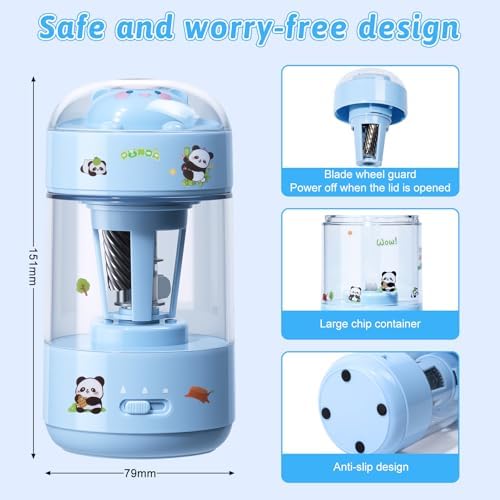 Rechargeable Automatic Electric Pencil Sharpener for Kids, Auto in & Out 3 Adjustable Thickness, Type-C Charging, Cute DIY Stickers, for 6-8mm Pencils, 3s Fast Sharpening for School & Home (Blue)