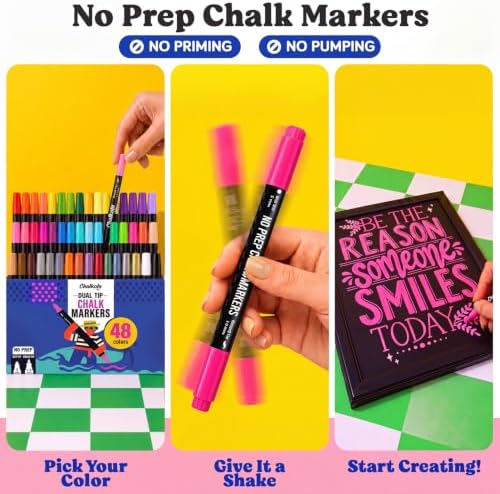 Chalkola 48 Chalk Markers for Chalkboard, Glass & Mirror - Dot + Brush Tip