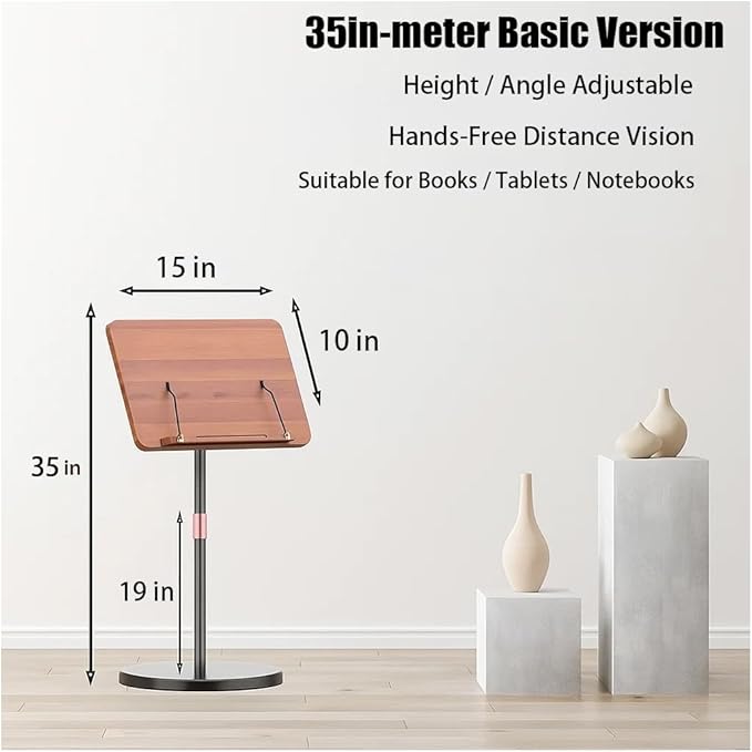 Adjustable Standing Book Stand,Book Reading Stands,Wood Music Sheet，Podium& Bible& Cookbooks Display Stands.Goodbye to Head Down Fatigue Adjustable Viewing Angle (Black, 35in)