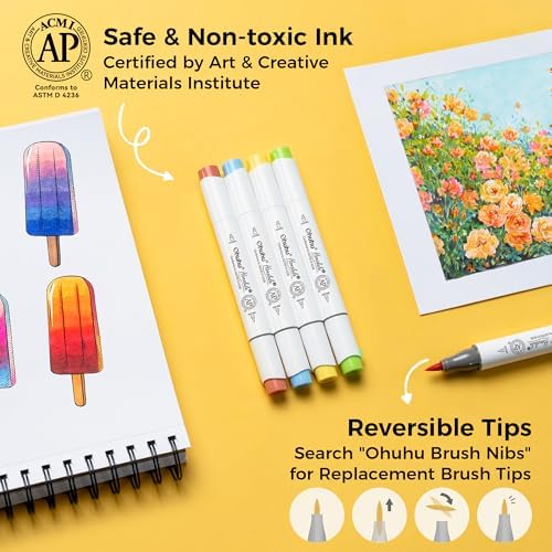 Ohuhu Alcohol Markers Brush& Chisel 48 Mid-tone Colors for Adults Coloring