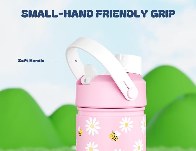 18 oz kids water bottle with straw and handle: Leak Resistant, BPA-Free, Keep Cold 24H, Quick-Flip Straw Lid, Double Wall Stainless Steel Cup for School, Family Trip, Outdoors, Gift (Pollen Party)