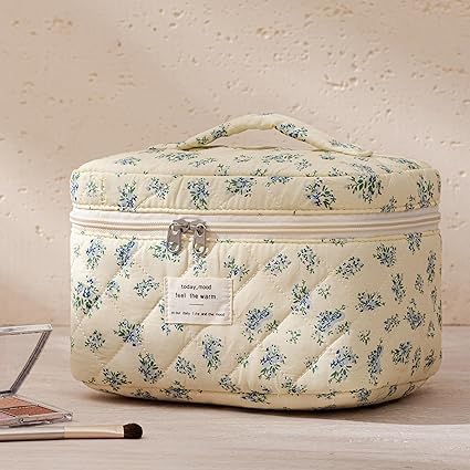 HBselect Quilted Makeup Bag, 3Pcs Cotton Large Travel Makeup Bags Organizer | Cute Floral Make up Bag Cosmetic Bag Toiletry Bag for Women Girls, Makeup Pouch for Skincare, Brushes & Travel Essentials