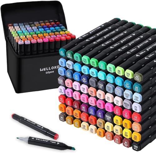 WELLOKB Alcohol Markers, 60 Colors Dual Brush Tip Permanent Art Markers for Drawing,for Adult Coloring, Alcohol, Based Ink Ideal for Book Painting and Card Making