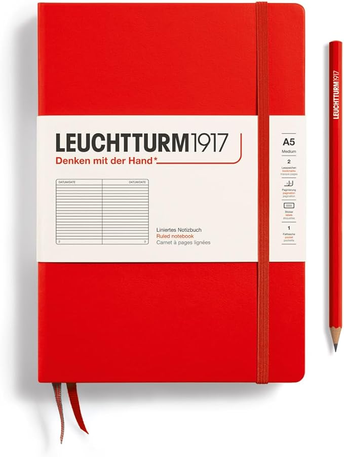 LEUCHTTURM1917 - Notebook Hardcover Medium A5-251 Numbered Pages for Writing and Journaling (Red, Ruled)