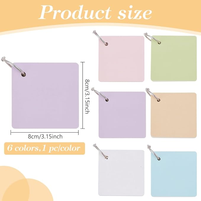 PLIGREAT 6 Pcs Colorful Mini Index Card, 3.1×3.1 Inch Square Flash Cards 55 Sheets Blank Note Cue Cards with Binder Rings Portable Notecard for Painting Note Taking Office, 6 Colors