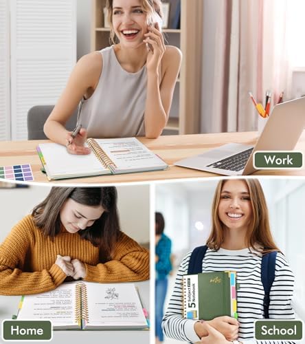 Hardcover Spiral Notebook Journal with Removable Dividers Tabs, 300 Pages Organizer Notebooks for Work School, Leather 5 Subject Notebook College Ruled, 8"x10" Large Lined Journal for Women，Sage