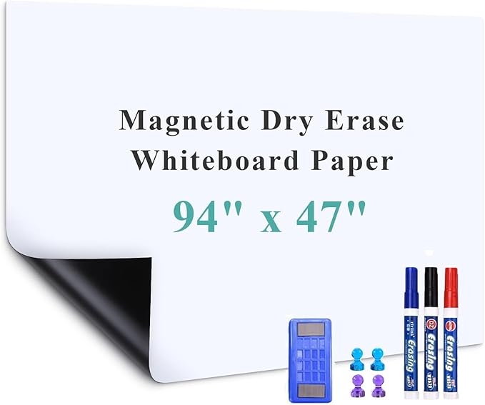 Huge Self-Adhesive Whiteboard Sticker: 94" x 47" Magnet Receptive Dry Erase Wall Film | No Ghosting Full Wall Covering & Blackboard Resurfacing | Peel & Stick Giant Decal