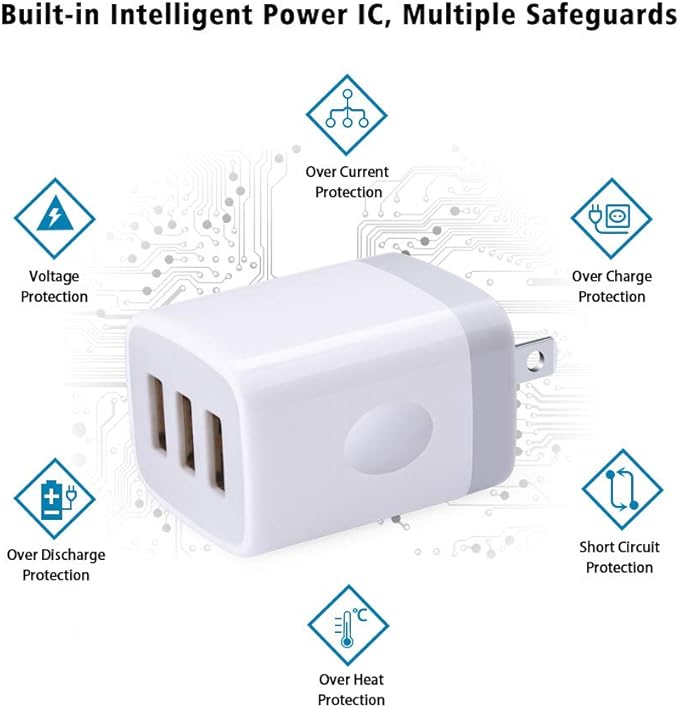 3 Port Wall Charger, 5V 3.1A USB Plugs, MultiPort Travel USB Wall Plug Home Charging Block Cube Compatible iPhone 13 12 11 Pro XS Max, Samsung Galaxy S22 S21 FE S10, Note 20 10,V35 THINQ Q7 G7