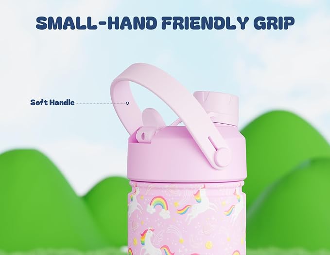 18 oz Kids Water Bottle for Girls: BPA-Free, Leakproof, Easy Carry, Durable Straw Spout Lid, 24H Cold, Cute Patterns, Insulated Stainless Steel Cup for School, Travel, Camping, Daily (Rainbow Unicorn)