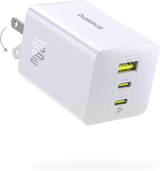 Baseus 100W USB C Charger Block, 3-Port Foldable Compact PPS Wall Charger, Fast Charging Power Adapter for MacBook Pro/Air, iPad, iPhone 17/16, Galaxy S24, Steam Deck & More (White)