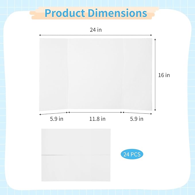 24 Pcs Tri Fold Display Boards, 24x16 in Trifold Poster Boards, White Blank Exhibition Display Paperboards, Thick Presentation Cardboards, Corrugated Project Boards for Science Fairs