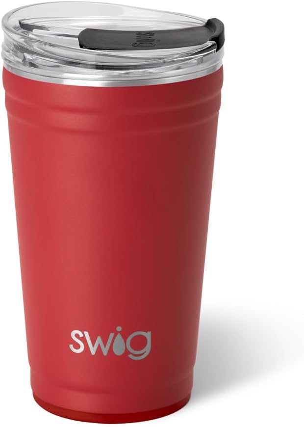 Swig Life 24oz Party Cup, Stackable Insulated Travel Coffee Tumbler with EZ Slider Lid, Cup Holder Friendly, Stainless Steel 24 oz Tumbler, Reusable Coffee Mug (Crimson)