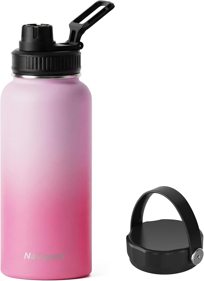 Navigate 32 oz Insulated Stainless Steel Sports Water Bottle with Spout & Handle Lids,Wide Mouth Water Jug with Double Walled Leak Proof Keep Cold for 24 Hrs Hot for 12 Hrs,Pink Gradient