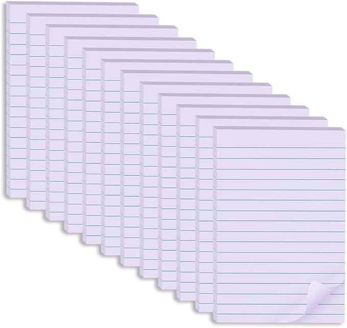(12 Pack) Lined Sticky Notes 4x6 in,Light Purple Large Notepads with Lines,Ruled Stickies Super Sticking Power,Office School Memo Note Pads,Post on Windows Doors,Recyclable,Easy to Write on