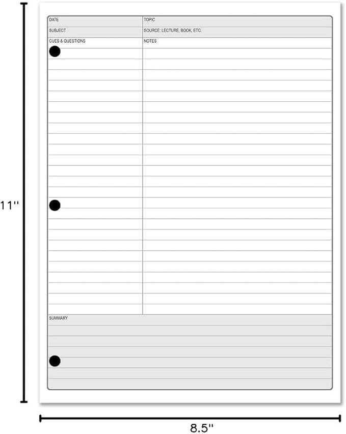 BookFactory Universal Note Taking System (Cornell Notes) / Sheets for 3 Ring Binders - 50 Loose Leaf Format, 8 1/2'' x 11'' - 3 Hole Punched (Made in USA)