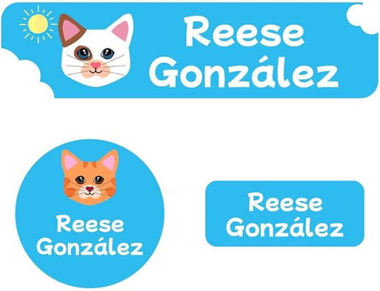 Name Bubbles - Kids Custom Name Labels for Daycare, School, Camp (102 Labels) - Personalized Waterproof Name Stickers for Clothes Tags, Lunch Boxes, Water Bottles, & School Supplies (Cats)