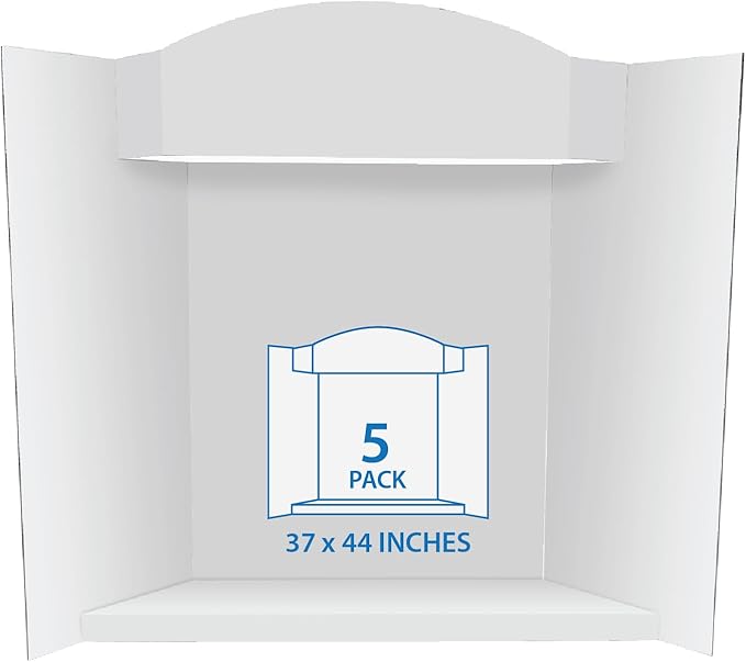 Royal Brites Stage-It Display Board, 37" x 44" 5 Pack Tri-fold Presentation Board with 3D Pop-Out Header & Shelf, White Corrugated Board for Science Fairs, School Projects, Work Presentations - 5 Pack