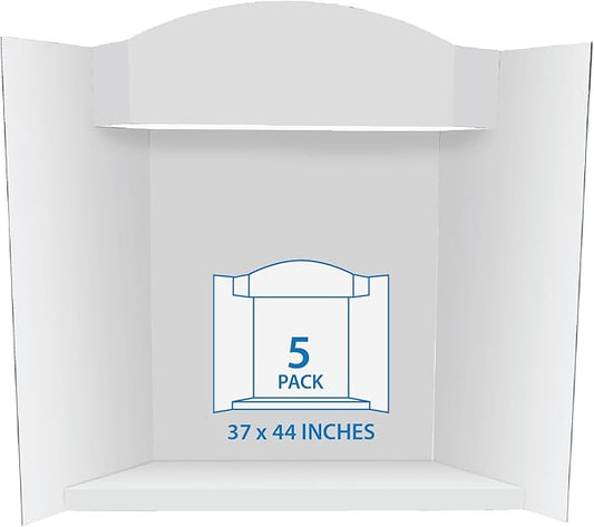 Royal Brites Stage-It Display Board, 37" x 44" 5 Pack Tri-fold Presentation Board with 3D Pop-Out Header & Shelf, White Corrugated Board for Science Fairs, School Projects, Work Presentations - 5 Pack